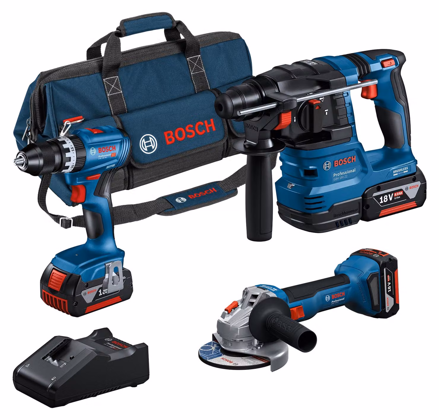 Kit combinato a batteria Bosch Professional 18V: GSB 18V-45 + GBH 18V-22 + GWS 18V-8 (incl. 3x GBA 4.0A