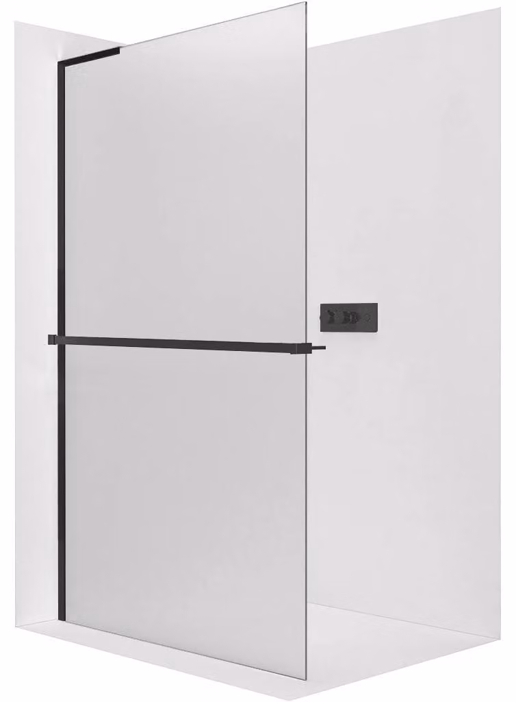 CERANO - Box doccia Walk-in Onyx con montante a sinistra - 8 mm + mensola/portasciugamani - nero opaco, vetro smerigliato - 160x200 cm