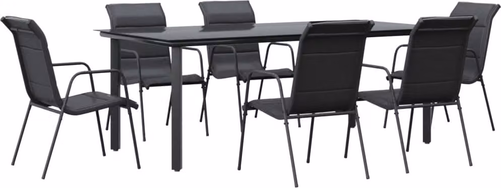 Set da Pranzo da Giardino 7 pz Nero in Acciaio e Textilene