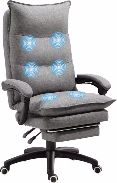 Poltrona da Ufficio Ergonomica Aosom con Massaggio, Reclinabile e Regolabile in Altezza, Seduta Imbottita in Tessuto con Poggiatesta e Rotelle, Grigio