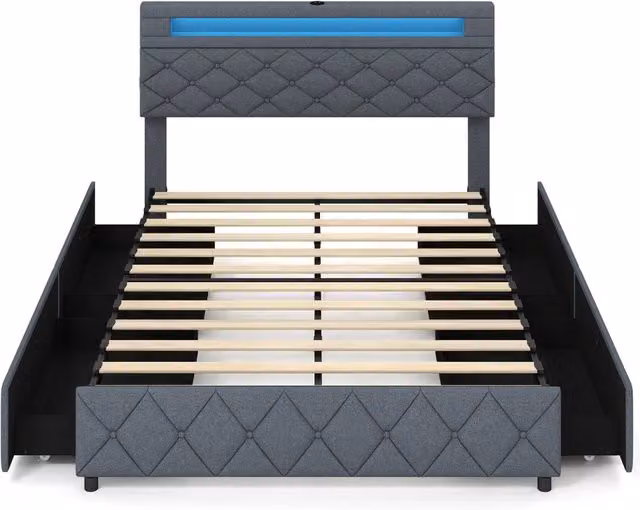 Letto Matrimoniale 140 x 200 cm con Luci LED e 2 Porte USB Struttura Imbottita Grigio con 4 Cassetti Design Moderno