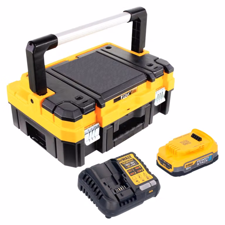 Set iniziale a batteria DeWalt DCB 1104 E1T da 18 V con 1 batteria Powerstack da 1,7 Ah + caricabatterie DCB 1104 + TSTAK