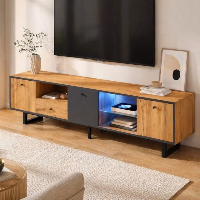 Mobile TV Mivray moderno con illuminazione LED integrata, 3 ante, 3 vani, cassetto e ripiani in vetro, L 190 cm x P 40 cm x H 50 cm