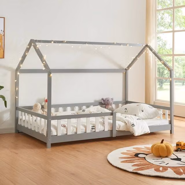 Letto Francese Hesel en.casa a Forma di Casetta per Cameretta Bambini in Legno di Pino Grigio L/P/H: 205 x 140 x 147 cm
