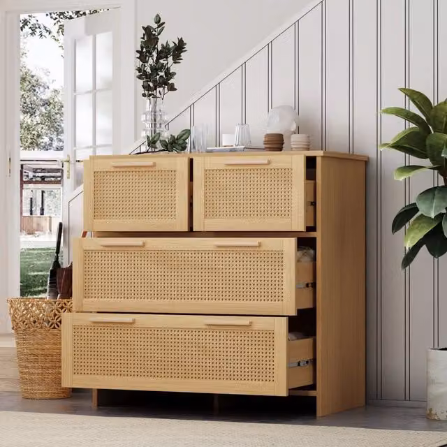 Comodino cassettiera WISHDOR in rattan naturale e legno massello, colore beige, L 80 cm x P 38 cm x H 80 cm