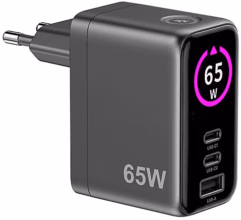 Caricabatterie da viaggio Celly 65W con schermo integrato e porte USB-C e USB-A, Nero