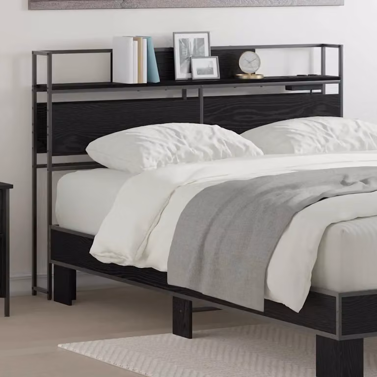 Testata letto con contenitore vidaXL in legno e metallo nero con ripiano integrato e porta USB L 120 x H 98 x P 15 cm