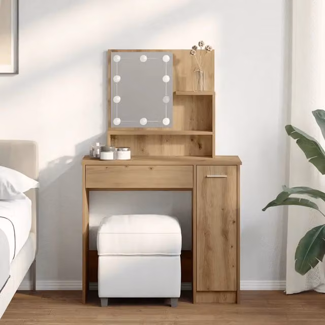Toeletta moderna con LED vidaXL in legno color rovere, L: 86,5 cm, P: 35 cm, H: 136 cm