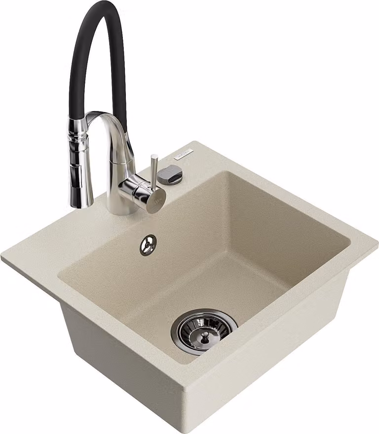 Mexen Milo lavello in granito a 1 vasca con rubinetto da cucina Aster, beige - 6505-69-73450-07-B