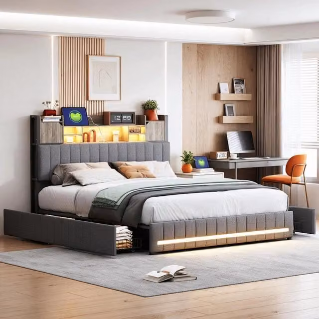 Letto matrimoniale 140x200 cm con contenitore 4 cassetti LED USB Type-C testiera imbottita in lino legno metallo - grigio