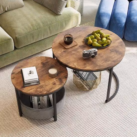 Ibenzoa® Set da 2 tavolini rotondi, design industriale, MDF e metallo, diametro 70×48 cm / diametro 50×35,5 cm, inclusi contenitori in tessuto, ideali per il soggiorno