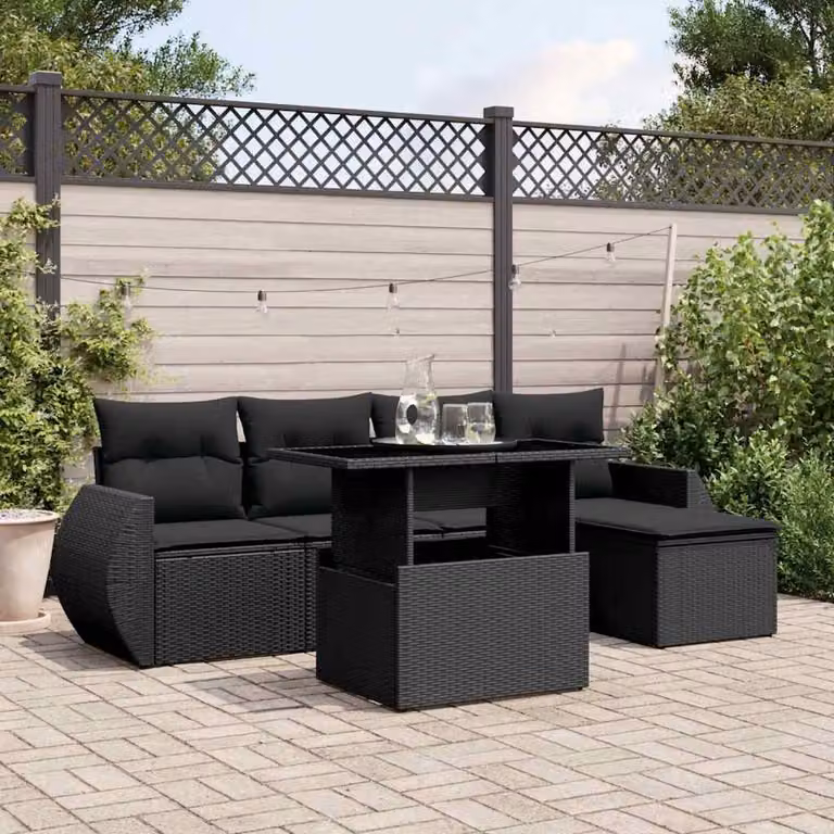 vidaXL Set Divano da Giardino a L in Polyrattan Nero con Cuscini e Tavolino da 6 Pezzi