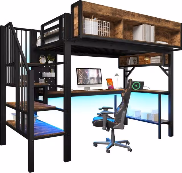 Letto a castello con scrivania angolare REDOM per bambini in legno e metallo nero e marrone L/P/H: 255 x 200 x 90 cm