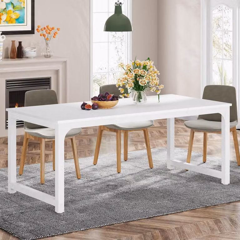 Tavolo da pranzo 160 x 80 cm, rettangolare, bianco, in stile industriale, con gambe in metallo, adatto per 4-6 persone