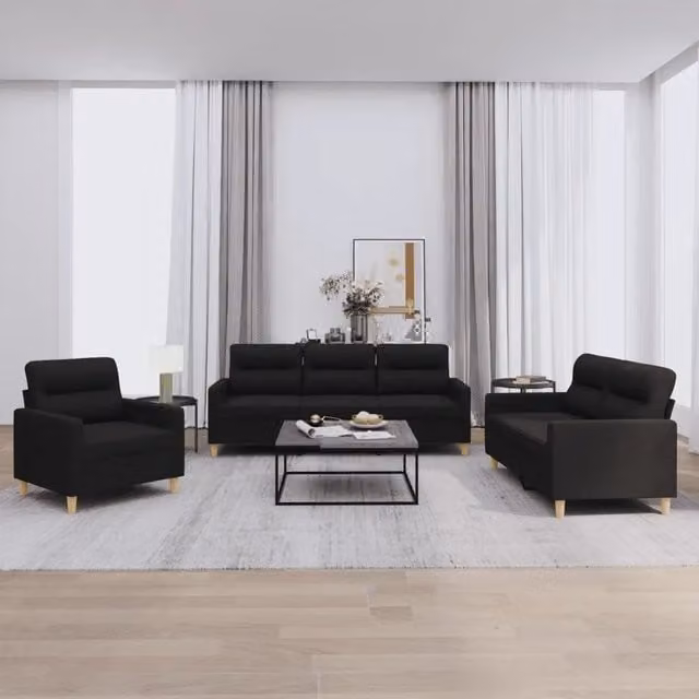 Set di divani moderno vidaXL composto da un divano a 3 posti e un divano a 2 posti in tessuto nero con cuscini inclusi – 1