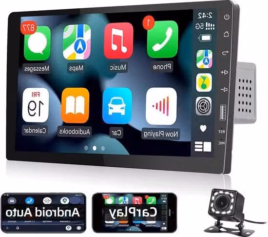 Autoradio 1 DIN con Schermo da 9 Pollici Nero, Compatibile con Apple CarPlay e Android Auto, Bluetooth Handsfree, Radio FM, USB e Telecamera Posteriore