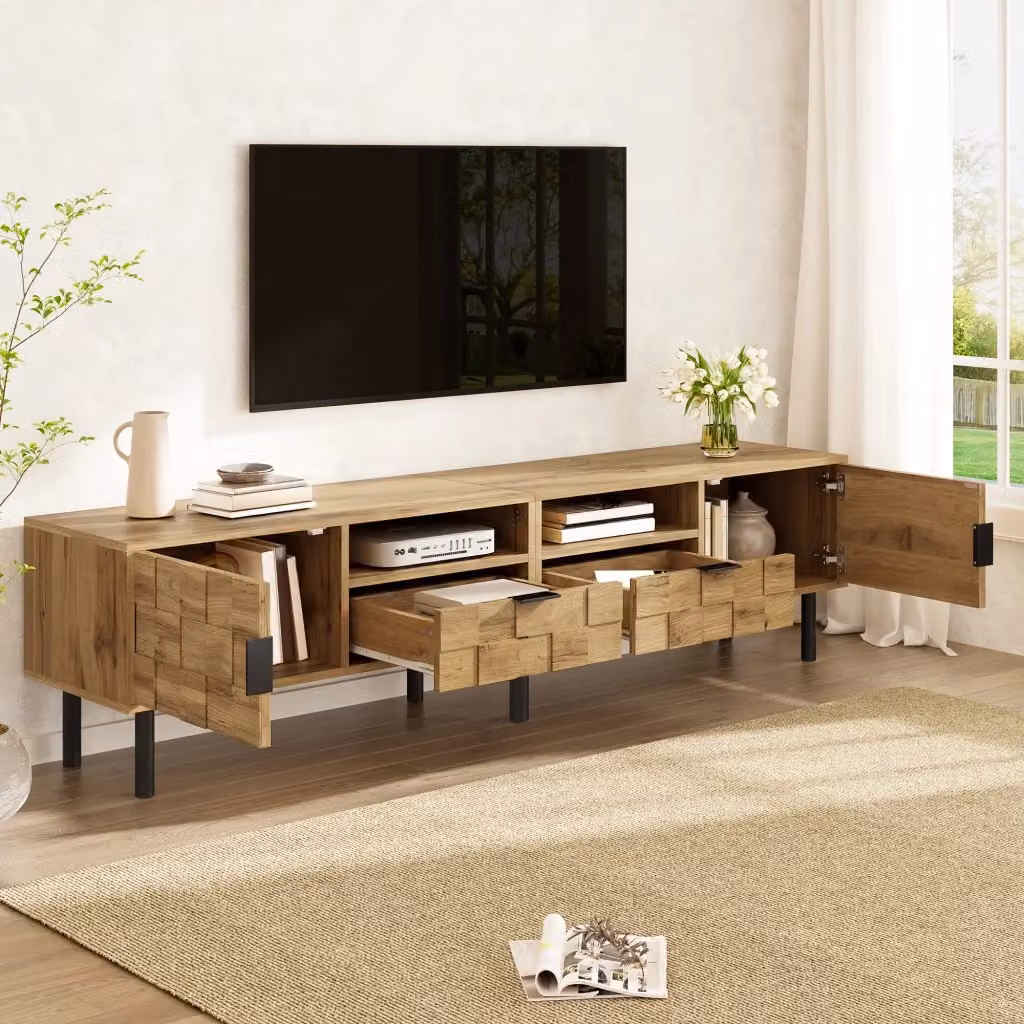 Mobile TV moderno WISHDOR in stile mosaico con effetto legno naturale marrone e dettagli neri, dotato di 2 ante, 2 cassetti, 2 vani aperti e piedini in metallo, L: 160 cm, P: 35 cm, H: 42,5 cm – 2
