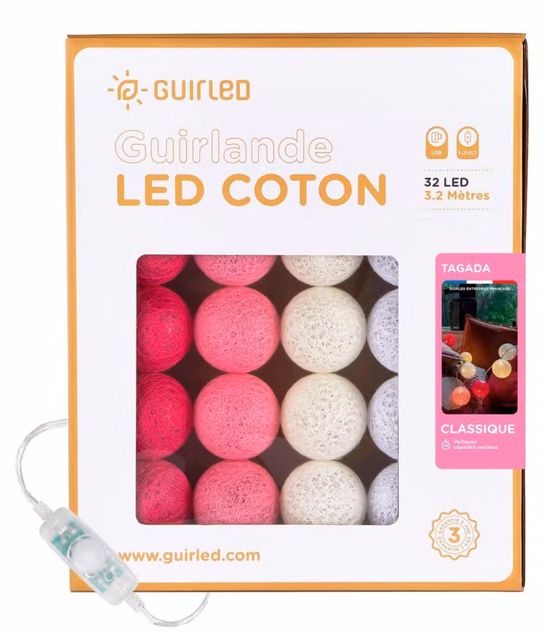 Catena luminosa a LED con 32 palline di cotone, alimentazione USB, 3 livelli di luminosità, timer