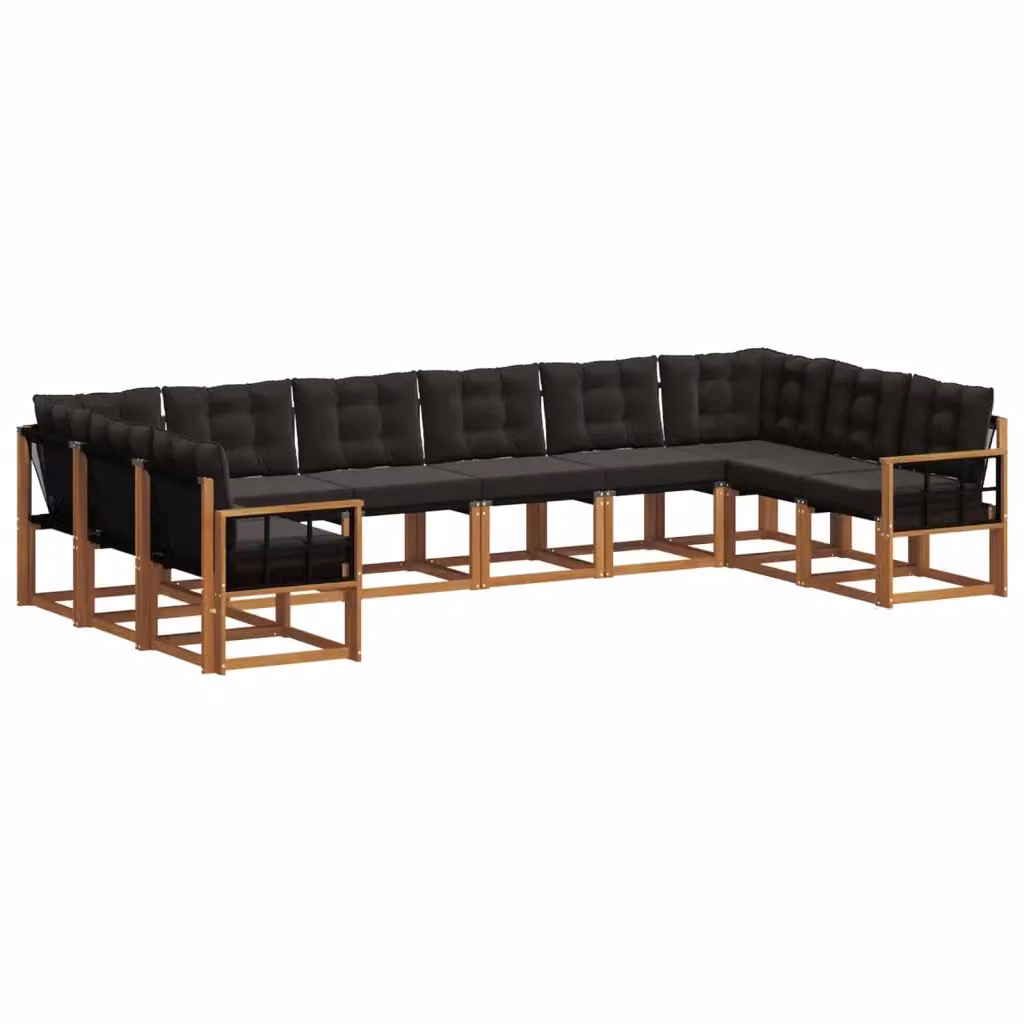 Set di divani da esterno vidaXL a forma di L in legno di acacia e textilene, marrone e nero, composto da 10 pezzi con cuscini inclusi – 2