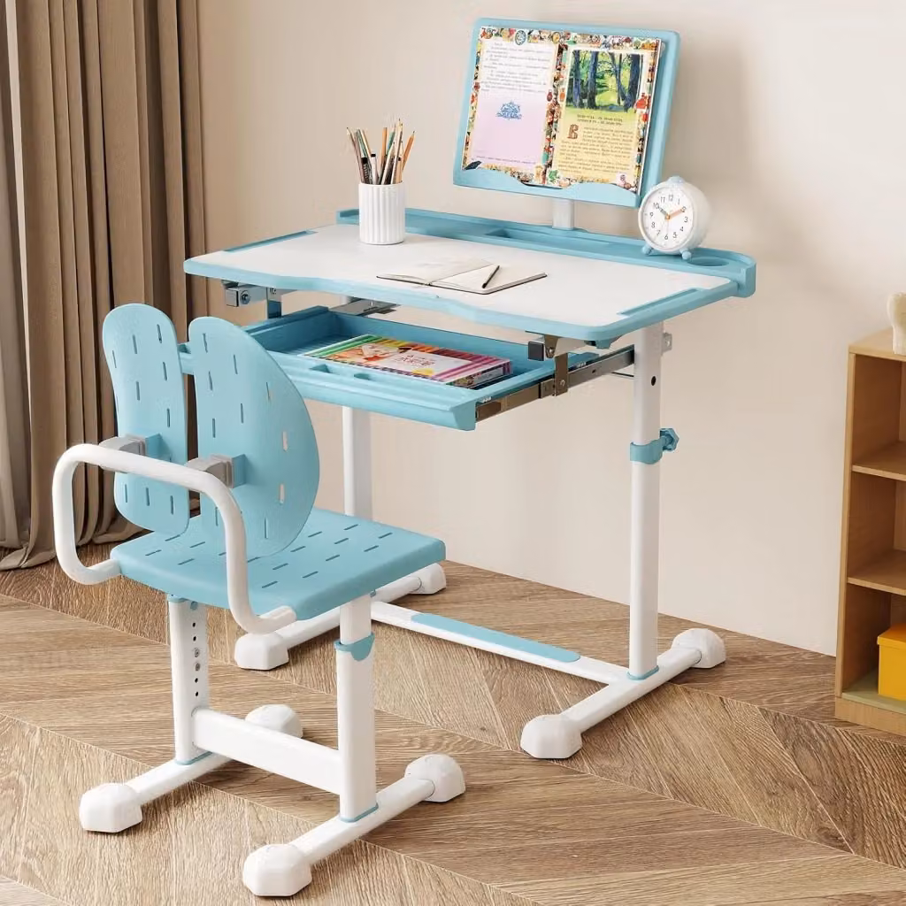 Set di Scrivania e Sedia per Bambini Costway Blu con Piano Inclinabile e Altezza Regolabile – 2