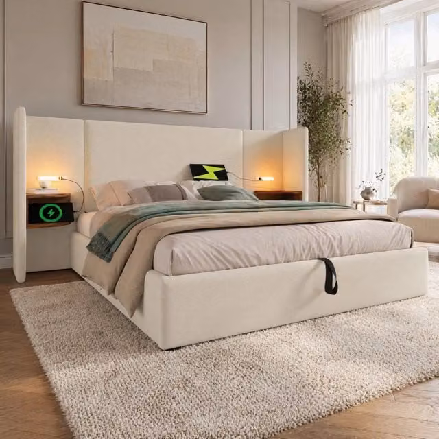 Letto matrimoniale MODFU beige con testiera multifunzione, luce di lettura integrata, porta USB, mensola e contenitore a sollevamento, L/P: 180 x 200 cm – 1