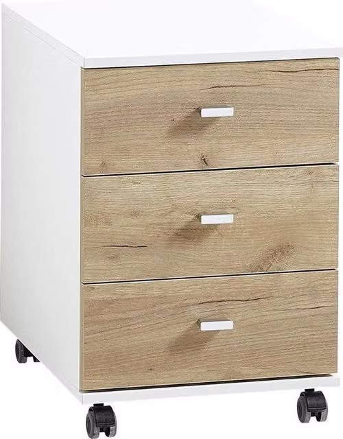 Cassettiere con ruote - bianco/imitazione quercia - 3 ante - 40 x 57 x 49 cm