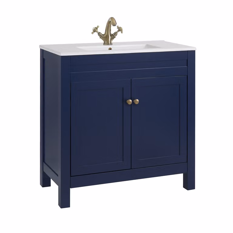 Mobile Bagno Blu Marino da 810mm con Lavabo e Maniglie Classiche Rotonde in Ottone Spazzolato - Warwick