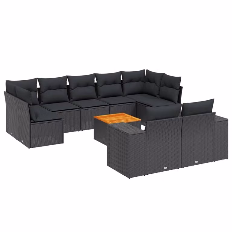 Set Divani da Giardino 10pz con Cuscini in Polyrattan Nero