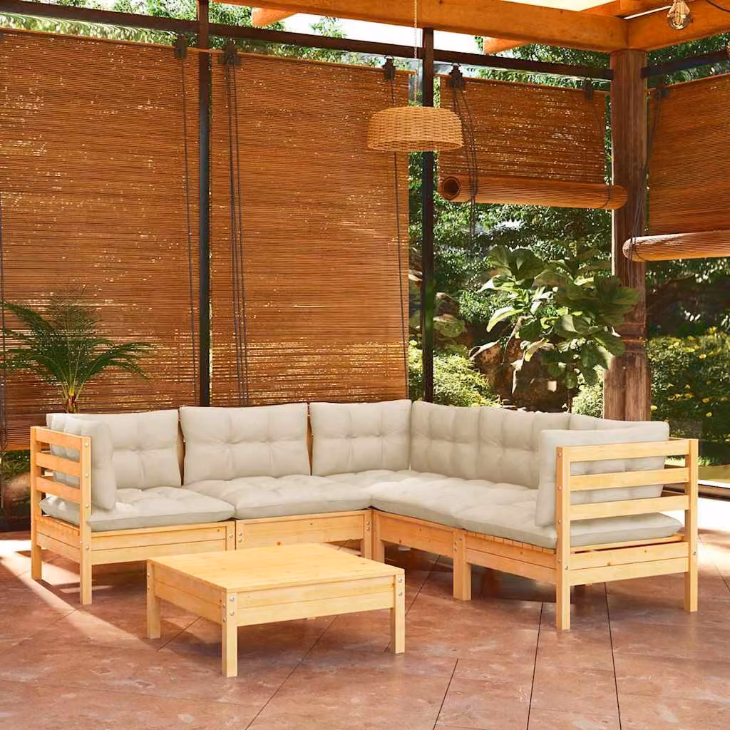 Set di divani da giardino vidaXL a forma di L in legno massello di pino con cuscini beige per 6 persone