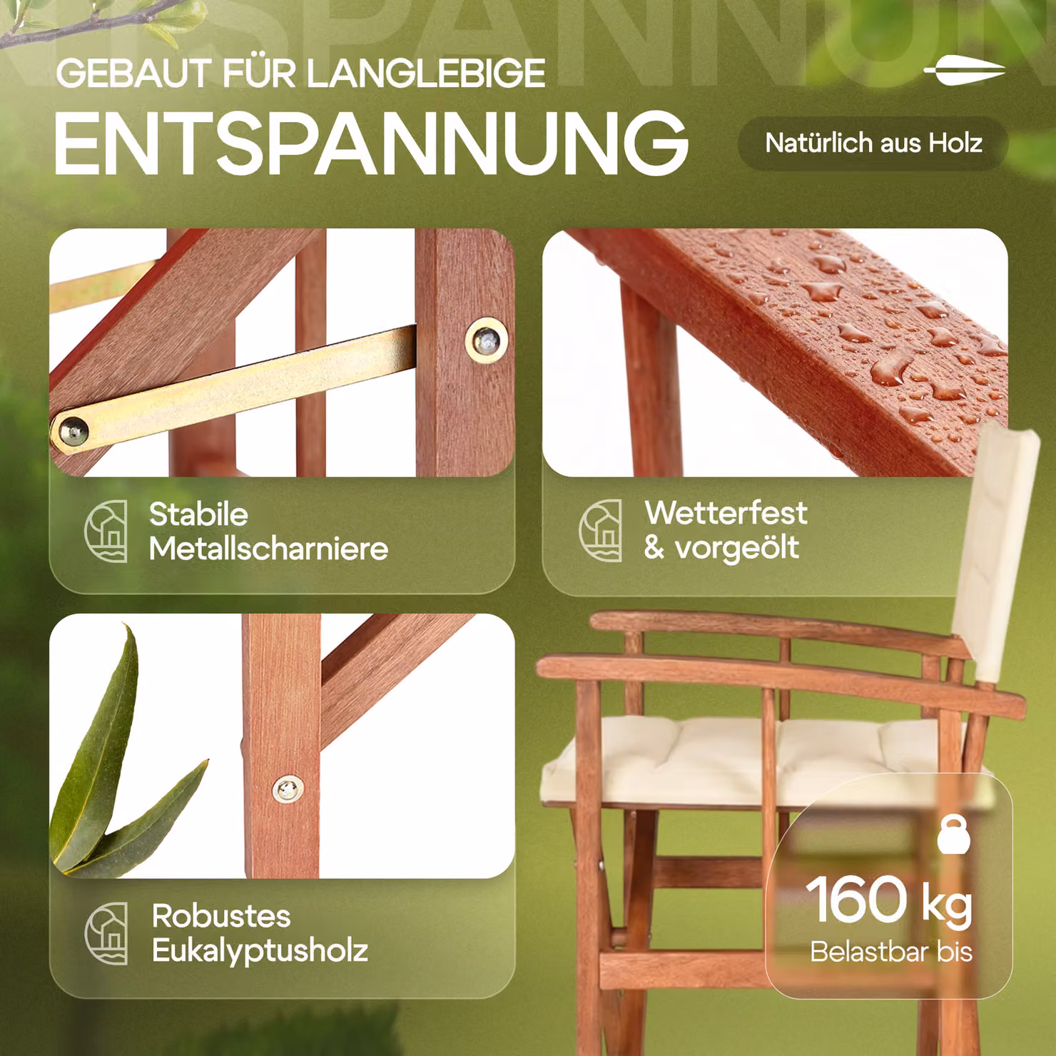 Set da 2 sedie da regista Casaria in legno di eucalipto certificato FSC con cuscini beige e braccioli – 2