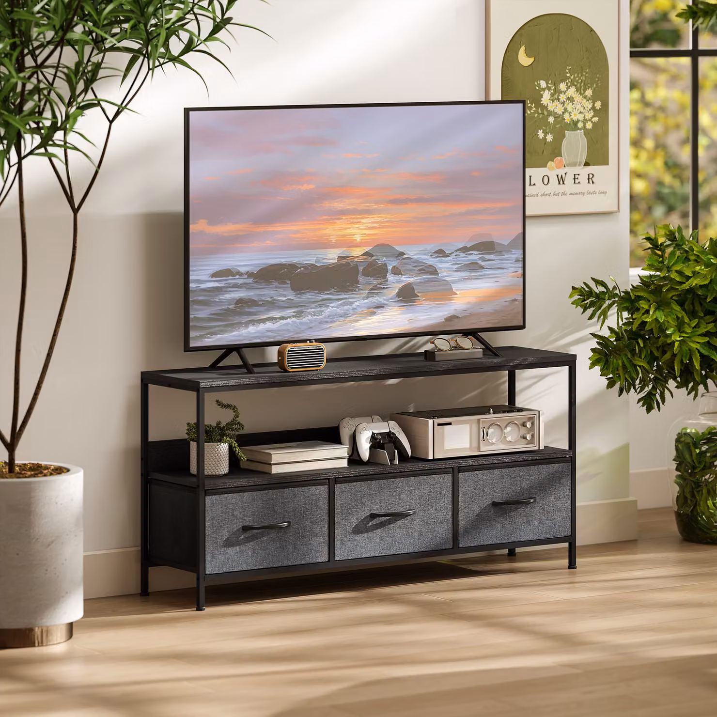 Mobile Porta TV HOMCOM Nero con Cassetti in Tessuto e Mensola in Metallo e MDF, L 120 cm, P 29 cm, H 56 cm – 2