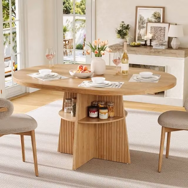 Tavolo da pranzo rotondo allungabile con piano estensibile e ripiano interno per cucina e sala da pranzo in MDF naturale