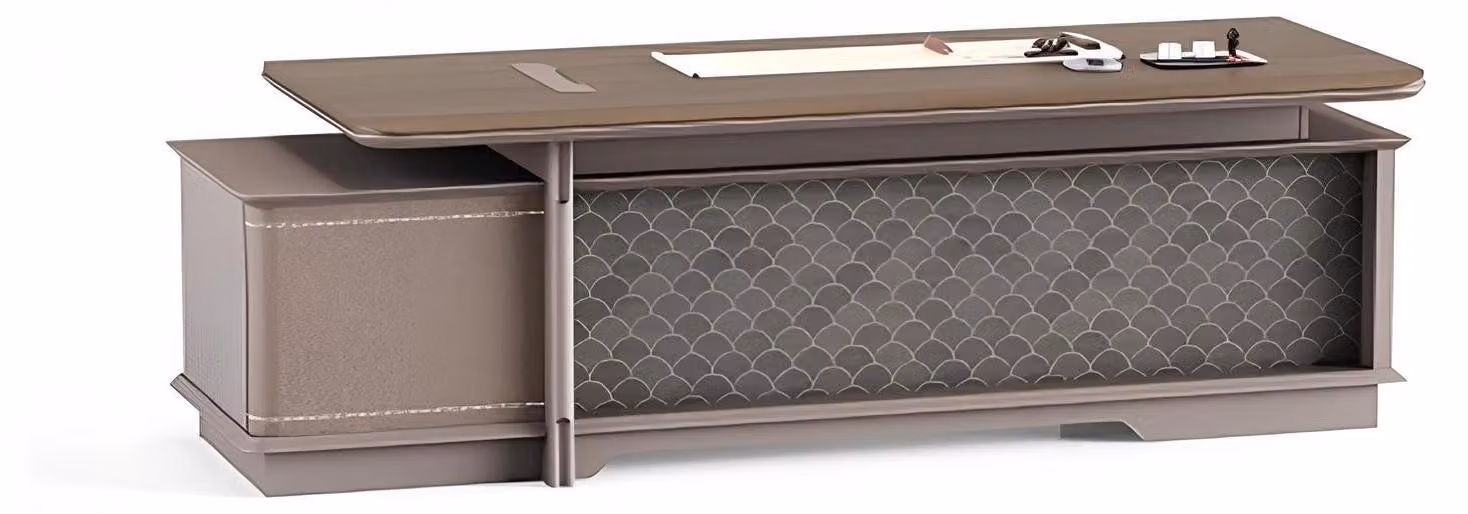 Lussuosa scrivania in legno marrone con ampio spazio di stivaggio e design elegante