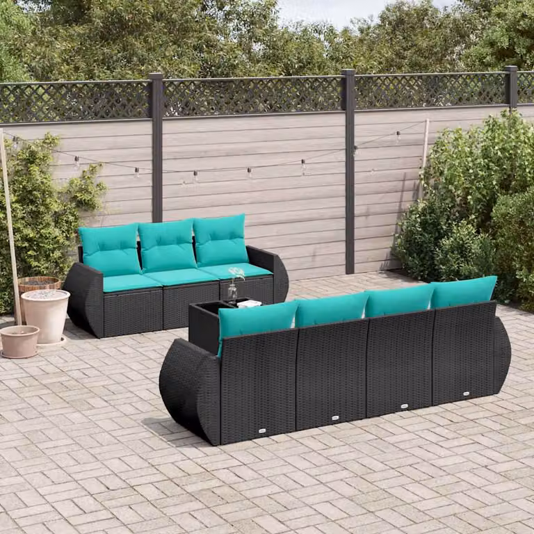 Set di divani da giardino vidaXL in polyrattan nero con 8 pezzi e cuscini blu