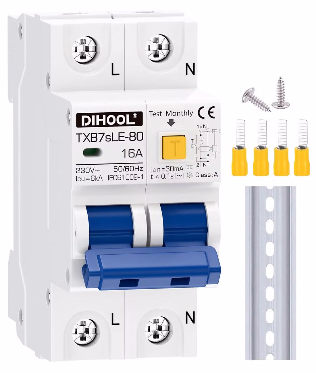 Interruttore differenziale per bagno, 1P+N, 16A, 30mA, Tipo A, 230V/AC