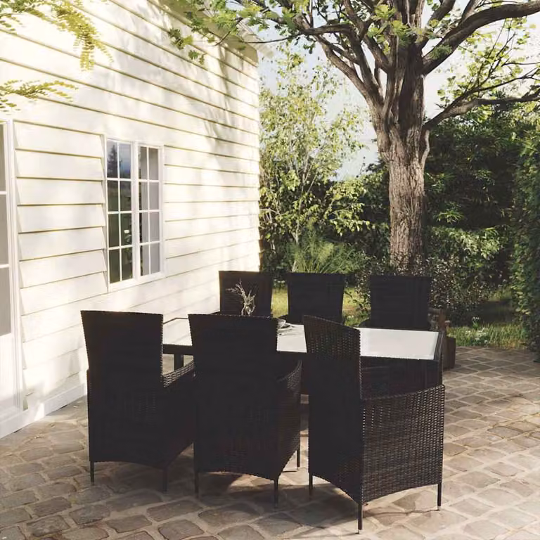 Set da pranzo da giardino vidaXL in polyrattan nero con cuscini e piano in vetro