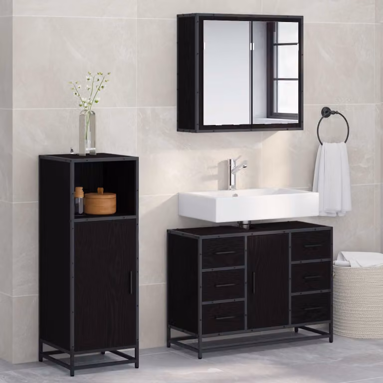 Set di mobili per il bagno moderno vidaXL composto da 3 pezzi in legno e metallo nero, include armadietto con specchio, mobile sottolavabo e colonna alta, L/P/H: 80 x 33 x 60 cm