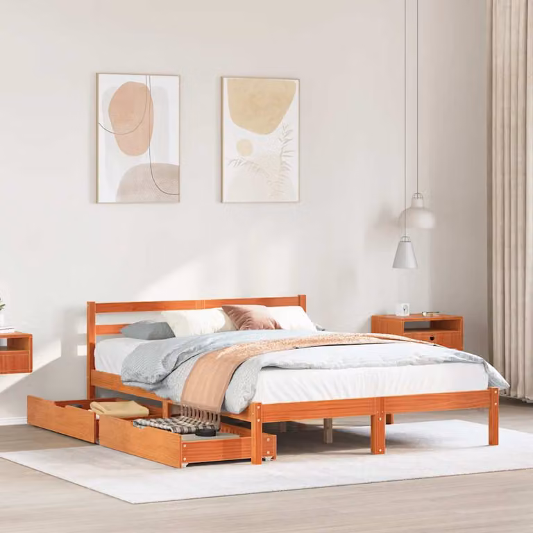 Letto senza materasso vidaXL in legno di pino marrone cera con cassetti L/P/H: 150 x 200 cm