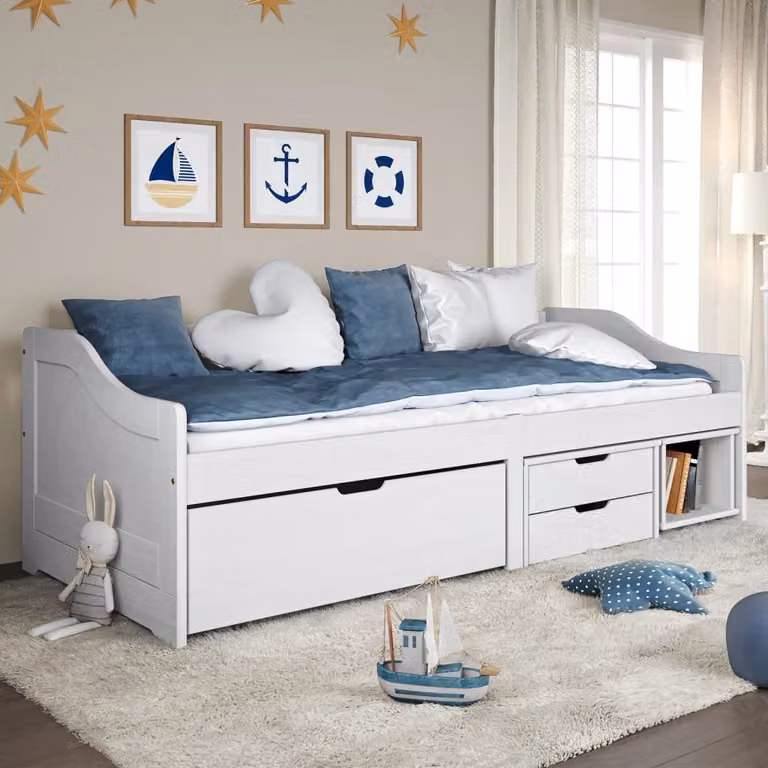 The Living Store Letto da giorno con 3 cassetti IRUN White 90x200cm in legno di pino massiccio