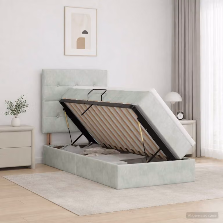 Letto con contenitore e materasso vidaXL Grigio, con base a sollevamento, illuminazione sottostante e porta USB, L/P/H: 200 x 90 x 128 cm