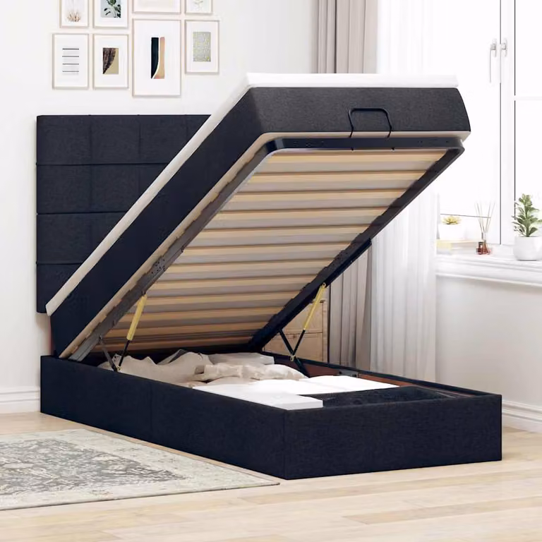 vidaXL Struttura Letto con Pouf e Materasso in Tessuto Nero, L/P/H: 90 x 190 x 128 cm
