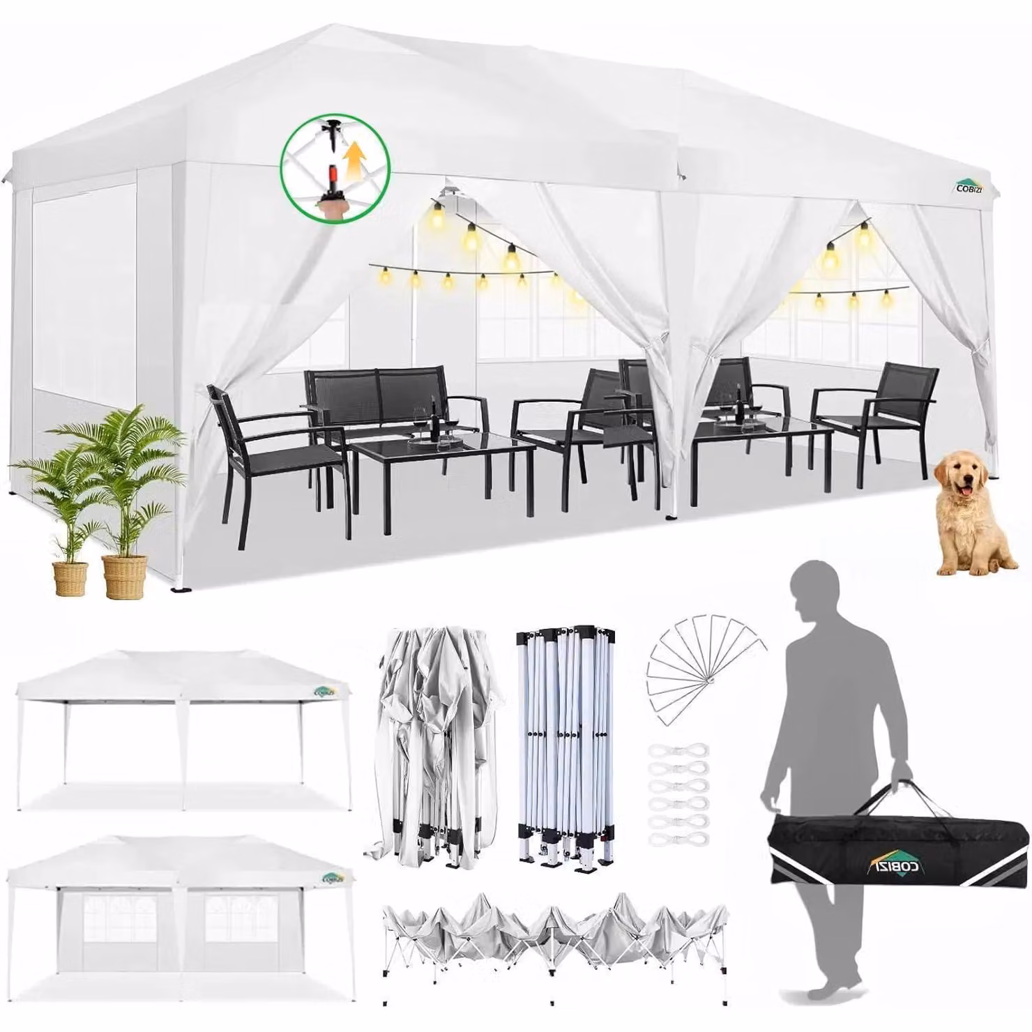 Gazebo da esterno 3x6 metri, impermeabile, con protezione UV 50+ e dotato di 6 pannelli laterali, colore bianco