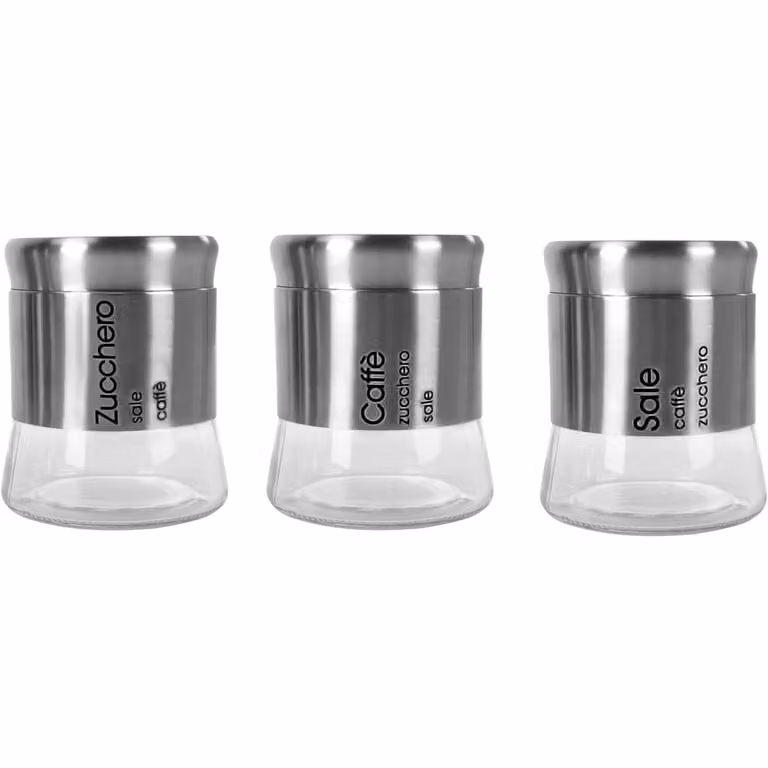 Set di 3 barattoli trasparenti in vetro e acciaio inox GUSTO CASA, Altezza: 14 cm, Diametro: 11,5 cm