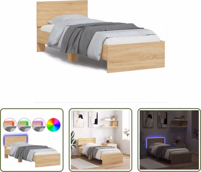 The Living Store Struttura letto con testiera e luci LED Rovere Sonoma 90x200cm