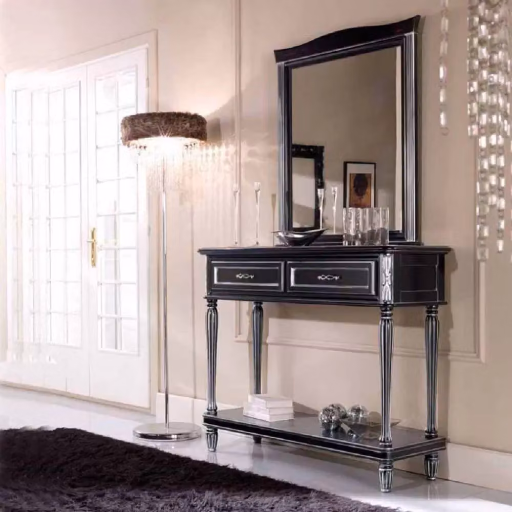 Consolle shabby chic con 2 cassetti e specchio in legno nero e argento Mobili2g L/P/H: 120 x 40 x 98 cm – 3