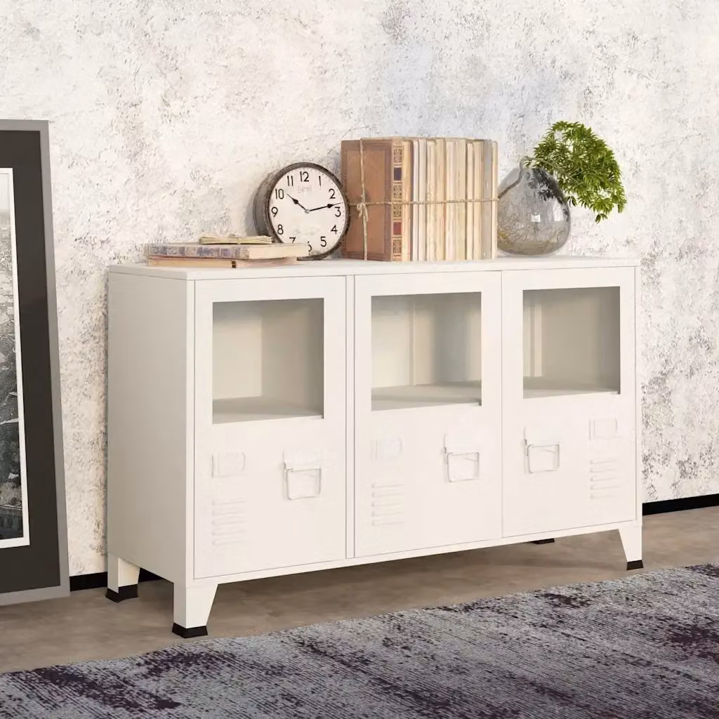Credenza stile industriale bianca in metallo e vetro per sala da pranzo L: 105 cm, P: 35 cm, H: 62 cm – 2