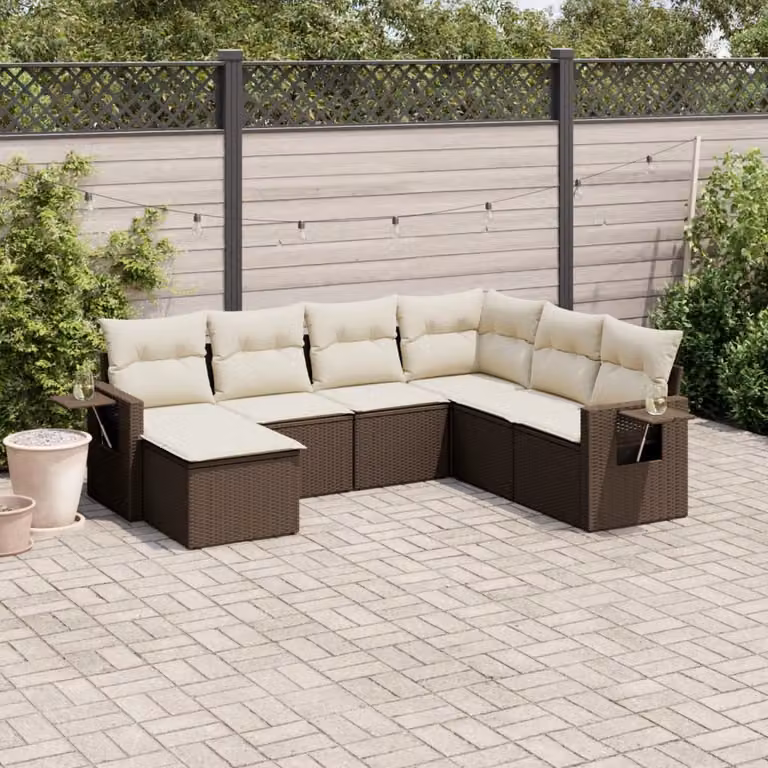 Set di divani da giardino vidaXL in polyrattan marrone con 7 pezzi e cuscini inclusi