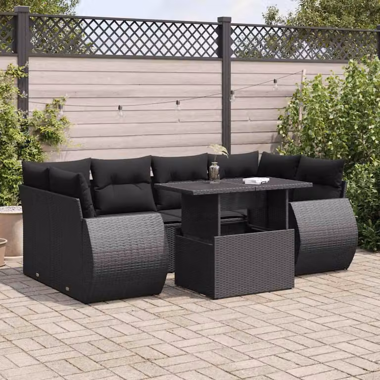 Set di divani da giardino vidaXL in polyrattan nero con 7 cuscini per esterni e terrazzi