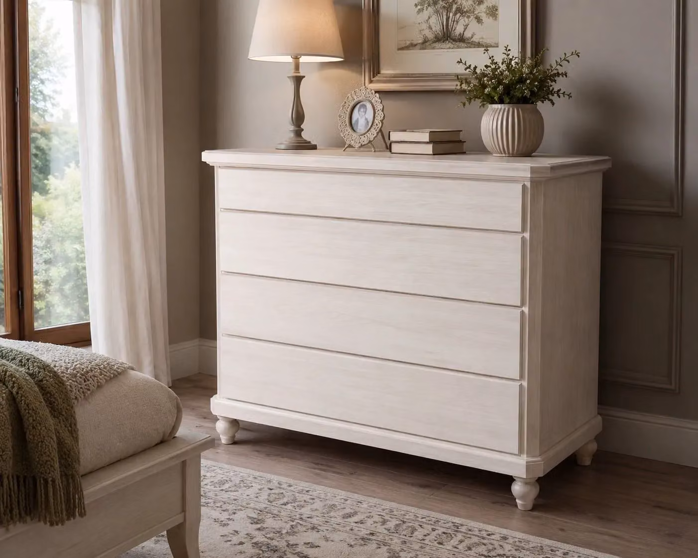 Cassettiera classica con 4 cassetti in legno massello di pino grezzo Mobili 2G L: 119 cm, P: 52 cm, H: 101 cm – 3