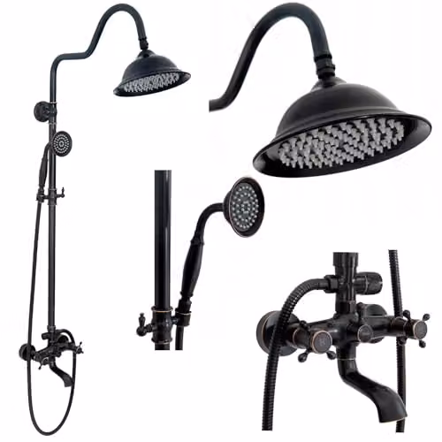 Rea - Set Doccia Con Beccuccio Retro Old Black Sistema Doccia In Ottone Per Bagno (Nero Opaco) 63x20,5x150cm